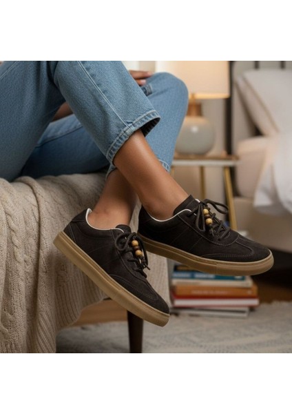 Kahve Süet Hakiki Deri Bağcıklı Kadın Günlük Sneaker