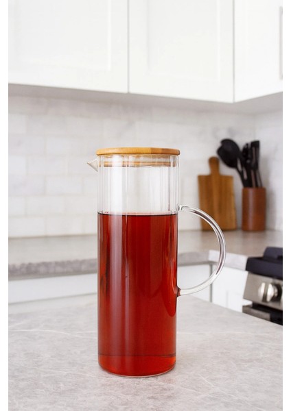 Borosilikat 1000 ml Bambu Kapaklı Yuvarlak Sürahi Line Yağdanlık Sürahi