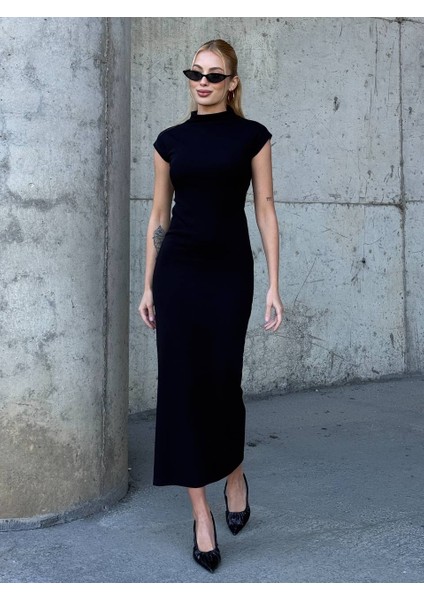 Kadın Yarım Balıkçı Yaka Kısa Kol Midi Elbise Vücudu Saran Fit Basic Elbise fiyatları