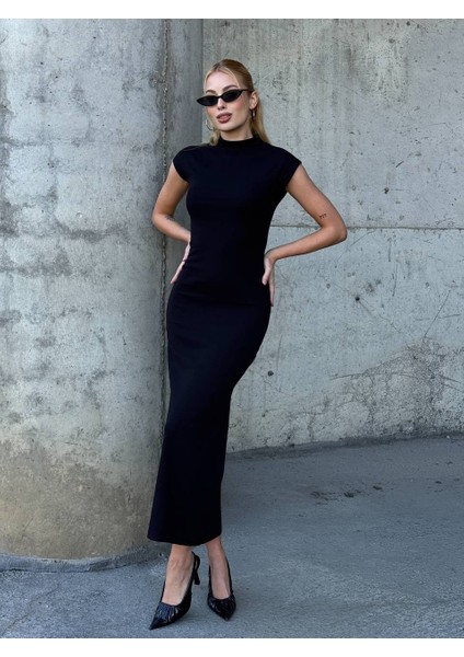 Kadın Yarım Balıkçı Yaka Kısa Kol Midi Elbise Vücudu Saran Fit Basic Elbise modelleri