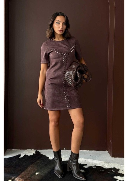 Kadın Siyah Zımba Detaylı Süet/suni Deri Mini Elbise Kısa Kol Abiye Elbise