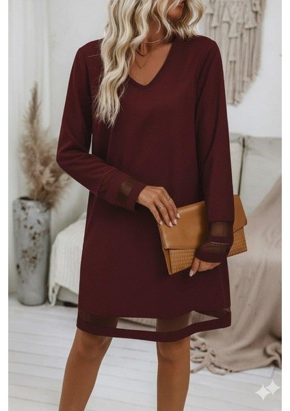 Kadın Uzun Kollu V Yakalı Tül Şerit Detaylı Mini Krep Elbise