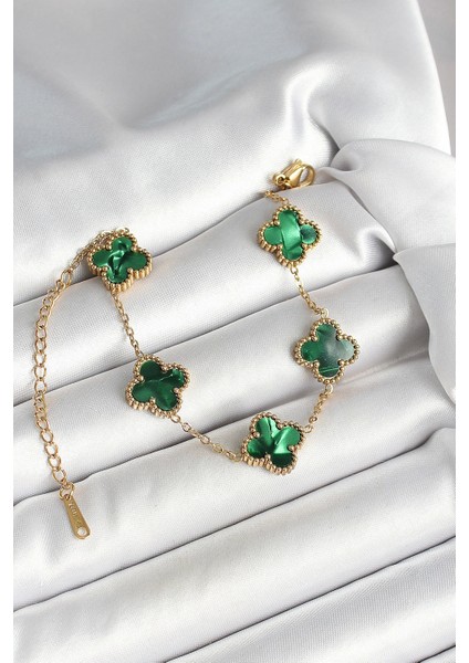 Bfs 316L Çelik Sedefli Zümrüt Yeşil Gold Renk Yonca Kadın Bileklik