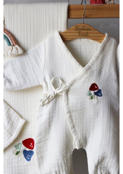 Mantar Nakış Isme Özel 6'lı Müslin Bebek Set %100 Pamuk Tulum Battaniye Şapka Puset Örtü Yastk Eldvn modelleri