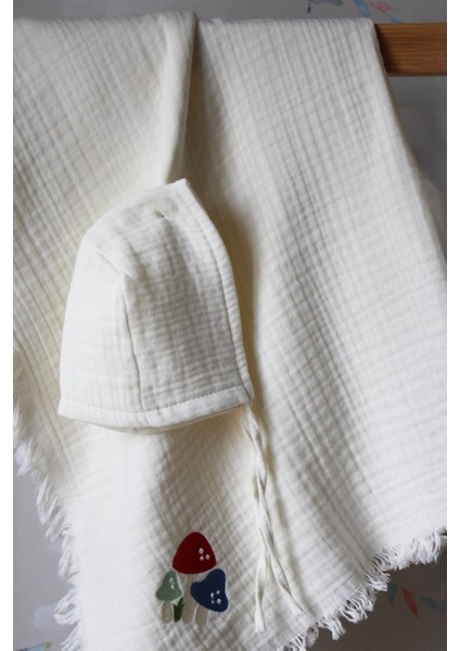 Mantar Nakış Isme Özel 6'lı Müslin Bebek Set %100 Pamuk Tulum Battaniye Şapka Puset Örtü Yastk Eldvn