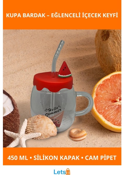 Karpuz Tasarımlı Silikon Kapaklı Cam Kupa Bardak 450 ml
