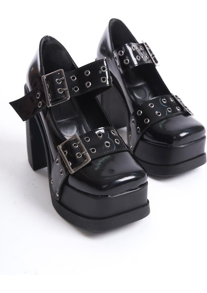 Kadın Viva Iki Toka Baletli (12 cm ) Platform Topuklu Ayakkabı Siyah Rugan fırsatları