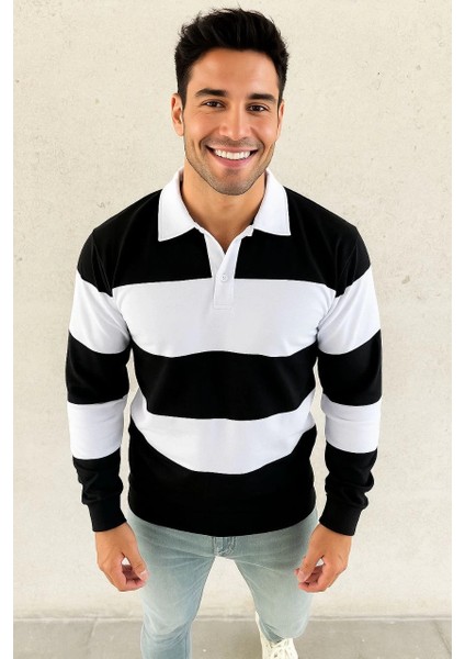 Erkek Polo Yaka Uzun Kollu Çizgili Sweatshirt Trend Rugby Stil - Siyah
