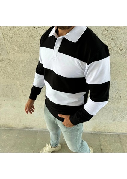 Erkek Polo Yaka Uzun Kollu Çizgili Sweatshirt Trend Rugby Stil - Siyah fırsatları