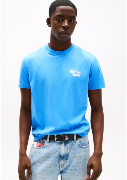 Bisiklet Yaka Baskılı Mavi Erkek T-Shirt DM0DM21539C39 Tjm Slım Stack Logo T fiyatları