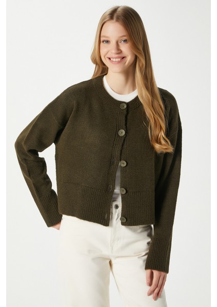 Kadın Keep Yan Yırtmaçlı Yumuşak Dokulu Haki Basic Triko Hırka 70145