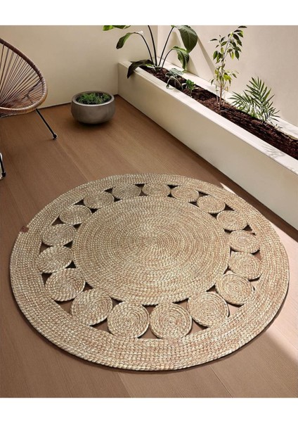 Tekstil 1 Adet Yuvarlak Parçalı Jüt Görünümlü Kilim 100 cm