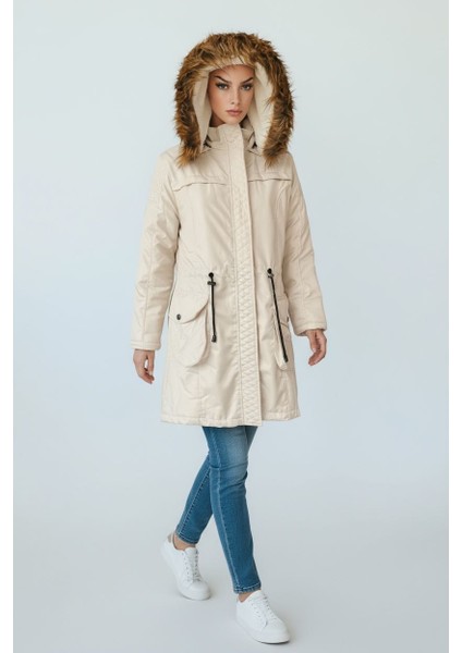 Kadın Kapüşonlu Ekru Renk Kaban fiyatları
