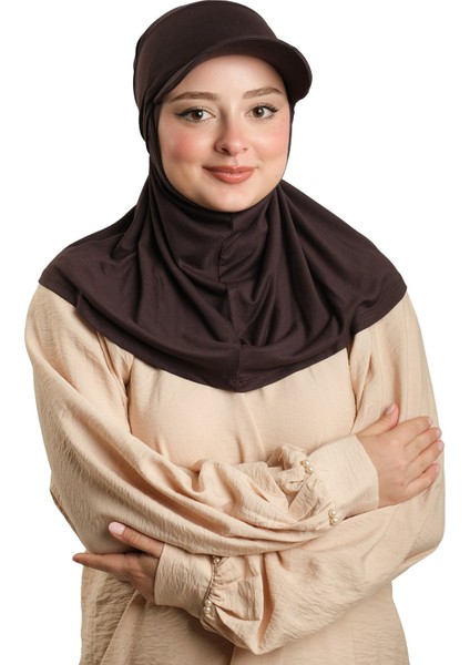 Kahve Pratik Hazır Geçmeli Şapkalı Tesettür Eşarp Viskon Düz 2513_14