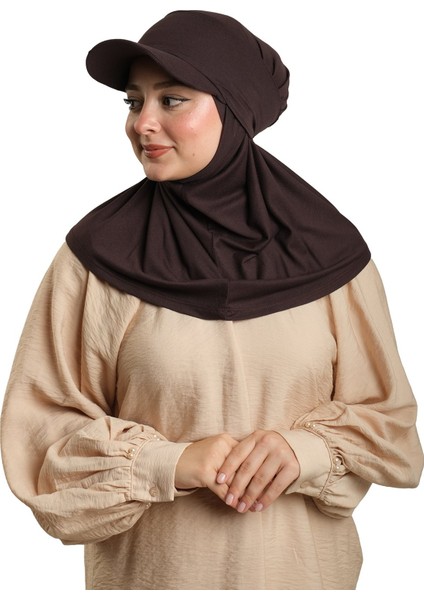 Kahve Pratik Hazır Geçmeli Şapkalı Tesettür Eşarp Viskon Düz 2513_14 fiyatları