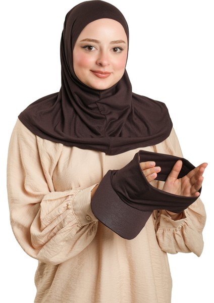 Kahve Pratik Hazır Geçmeli Şapkalı Tesettür Eşarp Viskon Düz 2513_14 indirimleri