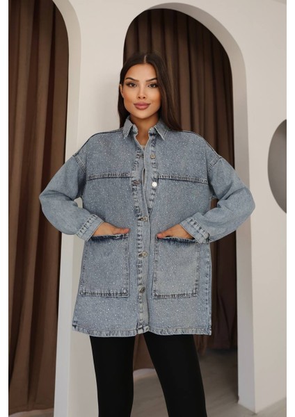 Kadın Taş Detaylı Torba Cepli Jeans Gömlek fiyatları