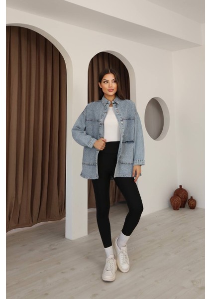 Kadın Taş Detaylı Torba Cepli Jeans Gömlek modelleri