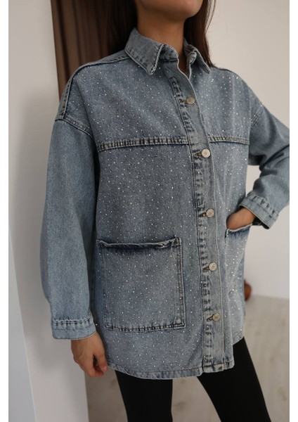 Kadın Taş Detaylı Torba Cepli Jeans Gömlek fırsatları