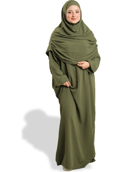 Haki Iki Parça Namaz Elbisesi Dokuma Kendinden Desenli 2502_09