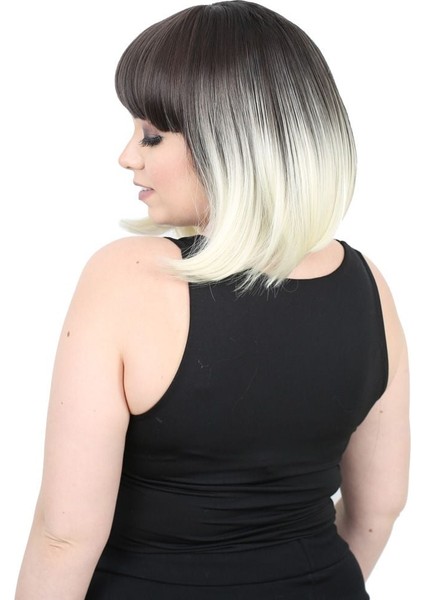 Kısa Küt Perçemli Fiber Sentetik Peruk / Küllü Siyah / Platin Ombreli modelleri