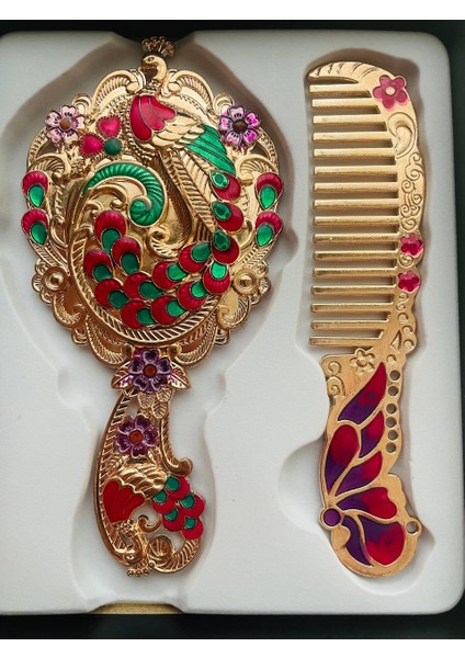 Ayna Tarak Seti, Kutulu-Metal-Hediyelik Takım, 13CM Aynalı Saç Fırçası, Tavuskuşu Figürlü