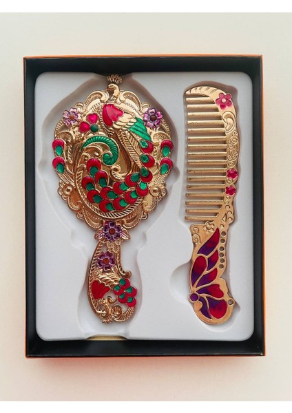 Ayna Tarak Seti, Kutulu-Metal-Hediyelik Takım, 13CM Aynalı Saç Fırçası, Tavuskuşu Figürlü modelleri