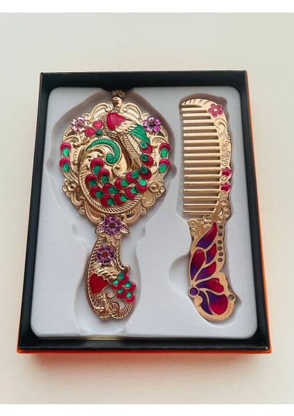 Ayna Tarak Seti, Kutulu-Metal-Hediyelik Takım, 13CM Aynalı Saç Fırçası, Tavuskuşu Figürlü fırsatları