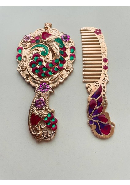 Ayna Tarak Seti, Kutulu-Metal-Hediyelik Takım, 13CM Aynalı Saç Fırçası, Tavuskuşu Figürlü