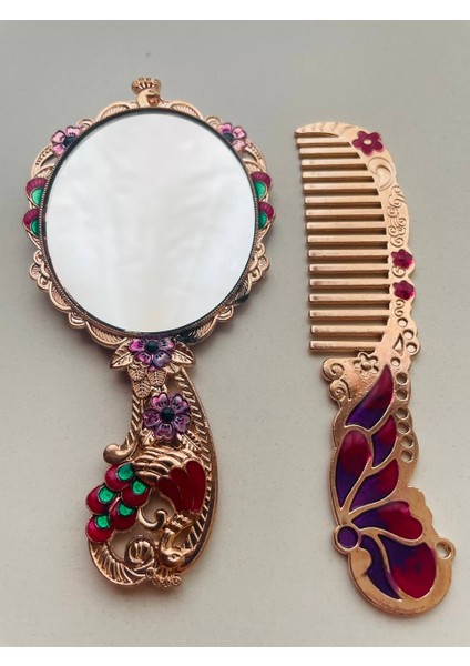 Ayna Tarak Seti, Kutulu-Metal-Hediyelik Takım, 13CM Aynalı Saç Fırçası, Tavuskuşu Figürlü