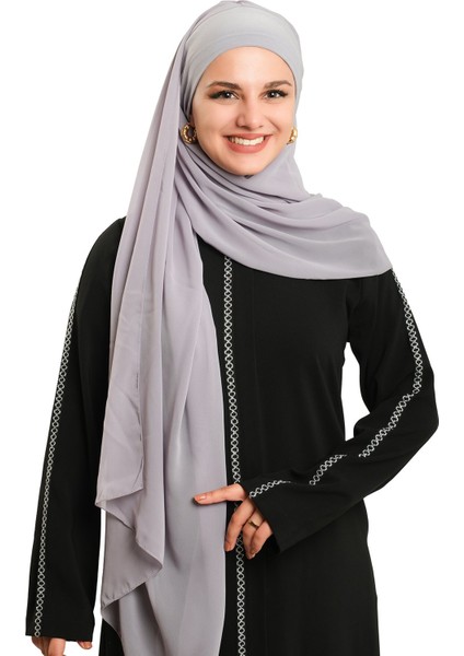 Gri Pratik Hazır Geçmeli Bone Şal Şifon Düz 2506_15