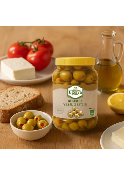 Biberli Yeşil Zeytin 1 kg – Doğal Fermente, Katkısız, Ege Lezzeti