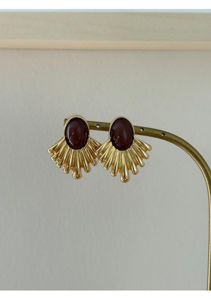 Kahverengi Mineli Yelpaze Model Orta Boy Gold Çelik Küpe