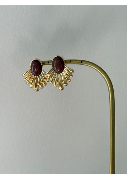 Kahverengi Mineli Yelpaze Model Orta Boy Gold Çelik Küpe fiyatları