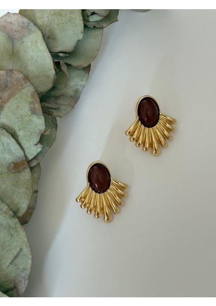 Kahverengi Mineli Yelpaze Model Orta Boy Gold Çelik Küpe modelleri