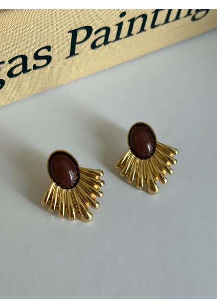 Kahverengi Mineli Yelpaze Model Orta Boy Gold Çelik Küpe fırsatları