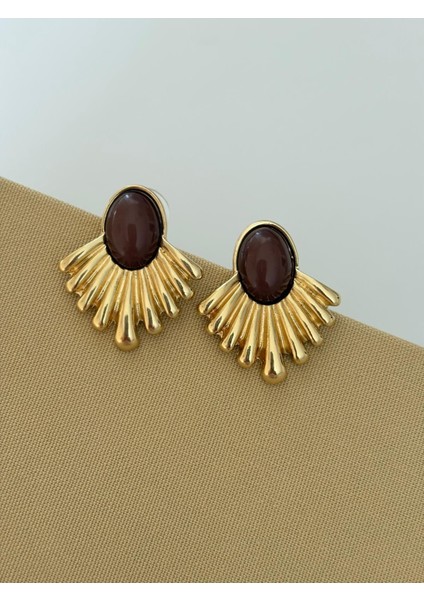 Kahverengi Mineli Yelpaze Model Orta Boy Gold Çelik Küpe indirimleri