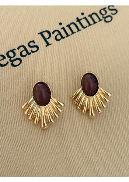 Kahverengi Mineli Yelpaze Model Orta Boy Gold Çelik Küpe