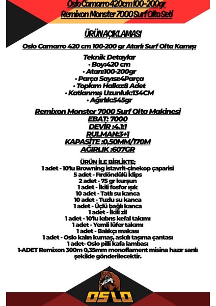Camarro 420CM 100-200GR Remixon Monster 7000 Surf Olta Seti fiyatları