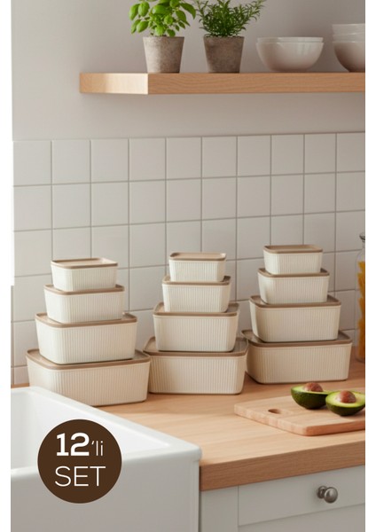 12'li Dikdörtgen Saklama Kabı Seti Bej | 2.5l 1.5l 0.80L 0.45L | Mikrodalga ve Dondurucu Uyumlu