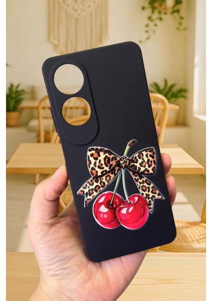 Oppo A60 Uyumlu Kiraz Leopar Fiyonk Desenli Silikon Darbe Emici Klasik Korumalı Rubber Kılıf