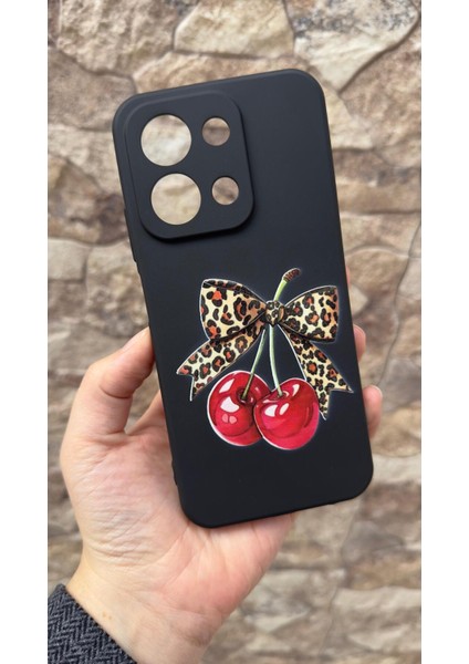 Redmi 15C Uyumlu Kiraz Leopar Fiyonk Desenli Silikon Darbe Emici Klasik Korumalı Rubber Kılıf
