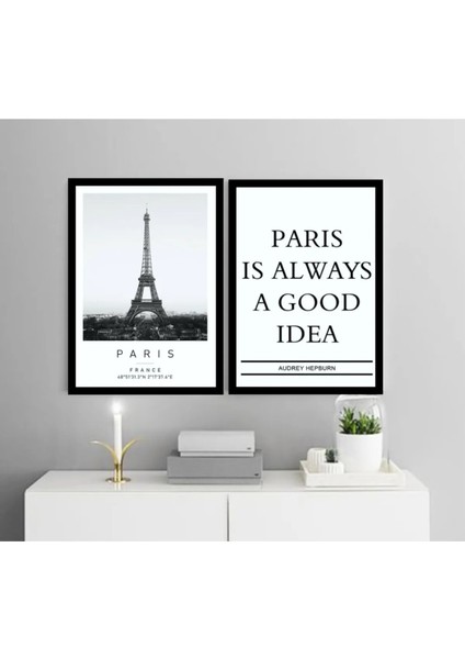 Paris Temalı Dekoratif Çerçeve Görünümlü 2'li Set Mdf Tablo