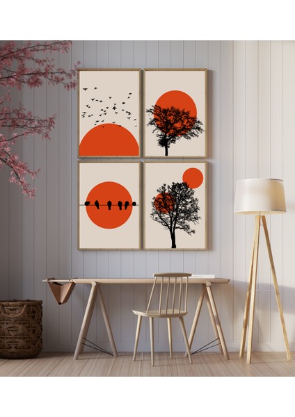 Sunset Quartet (Gün Batımı Dörtlüsü) Çerçeve Görünümlü Dekoratif 4'lü Set Mdf Tablo
