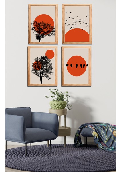 Sunset Quartet (Gün Batımı Dörtlüsü) Çerçeve Görünümlü Dekoratif 4'lü Set Mdf Tablo fiyatları