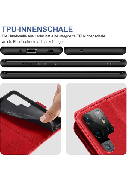 Samsung Galaxy S23 Ultra Uyumlu Ekran Koruyuculu Kılıf Kapaklı Kartlıklı Deri Görünümlü Standlı Kapak