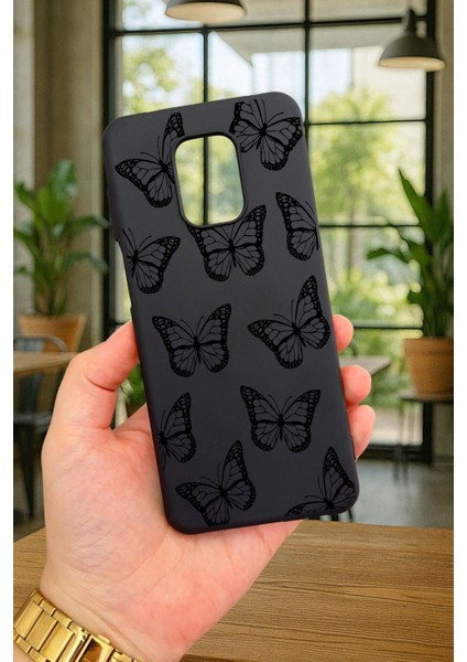 Redmi Note 9pro/9s Uyumlu Siyah Kelebek Desenli Silikon Darbe Emici Klasik Korumalı Rubber Kılıf
