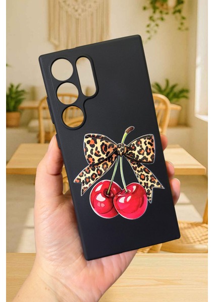 Samsung Galaxy S22 Ultra Uyumlu Kiraz Leopar Fiyonk Desenli Silikon Darbe Emici Rubber Kılıf