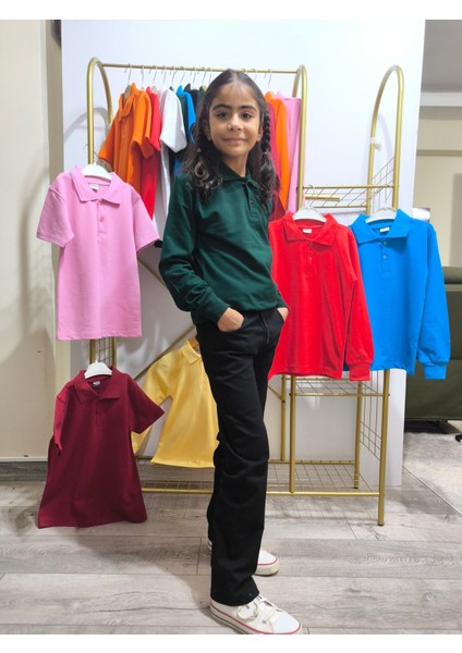 unisex Uzun Kol Polo Yaka Okul ve Günlük Ribanalı Çocuk Genç Tişört Nefes Alabilen Kumaş