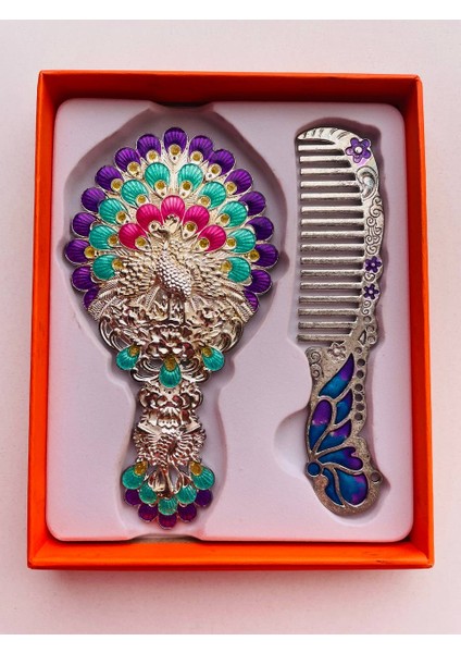 Ayna Tarak Seti, Kutulu-Metal-Hediyelik Takım, 13CM Aynalı Saç Fırçası, Tavuskuşu Figürlü